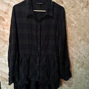 Alison‎ Andrews Plaid Button Down Tunic Top Womens 2X Long Sleeve Ruffle Hem